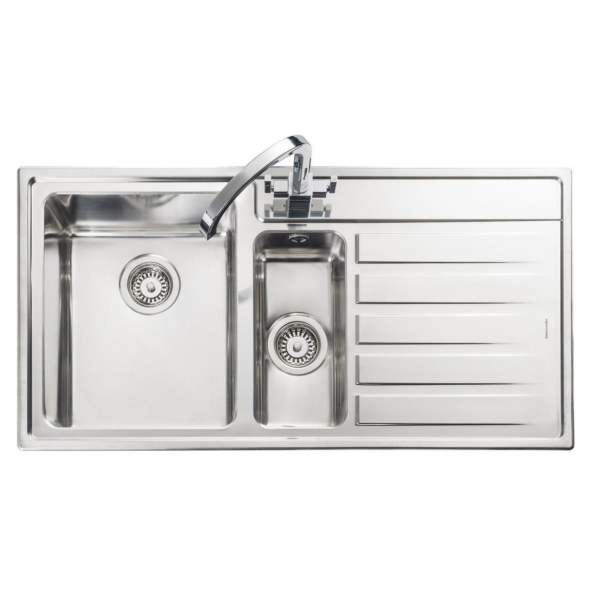 Rangemaster Rockford Inset Mount Drainer One and Half Bowl Kitchen Sink For 600mm Cabinet in Stainless Steel Right Front View