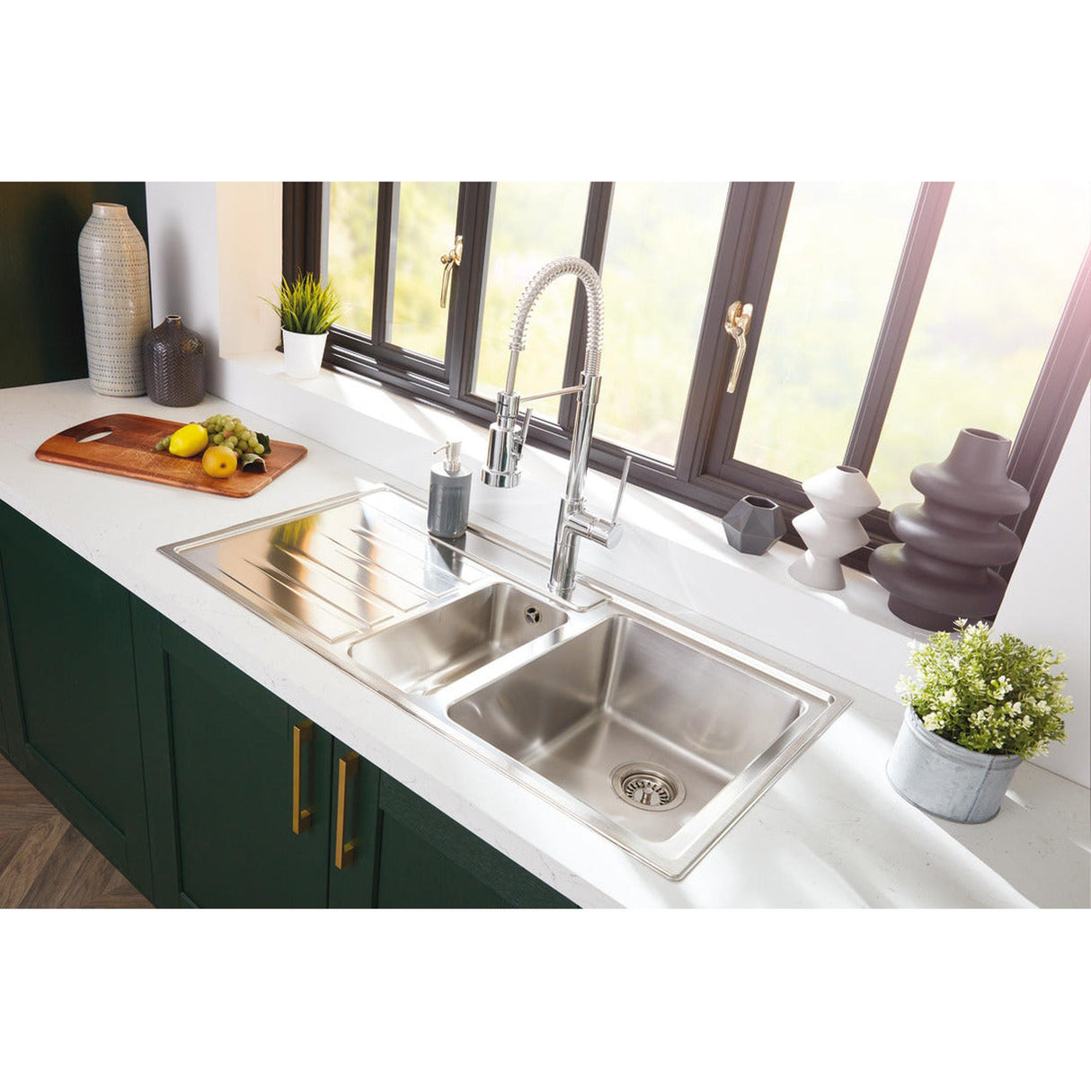 Rangemaster Rockford Inset Mount One and Half Bowl Kitchen Sink For 600mm Cabinet in Stainless Steel Lifestyle