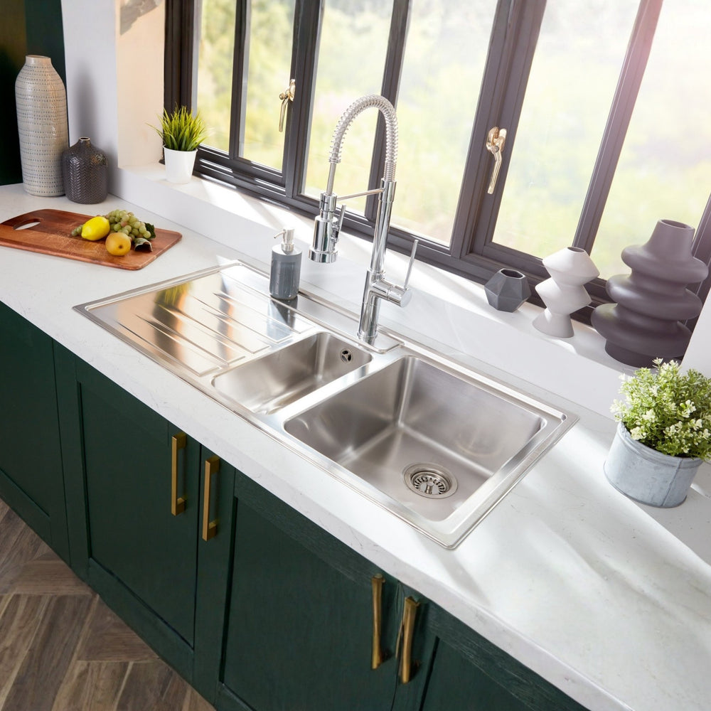 Rangemaster Rockford Inset Mount One and Half Bowl Kitchen Sink For 600mm Cabinet in Stainless Steel Left Lifestyle