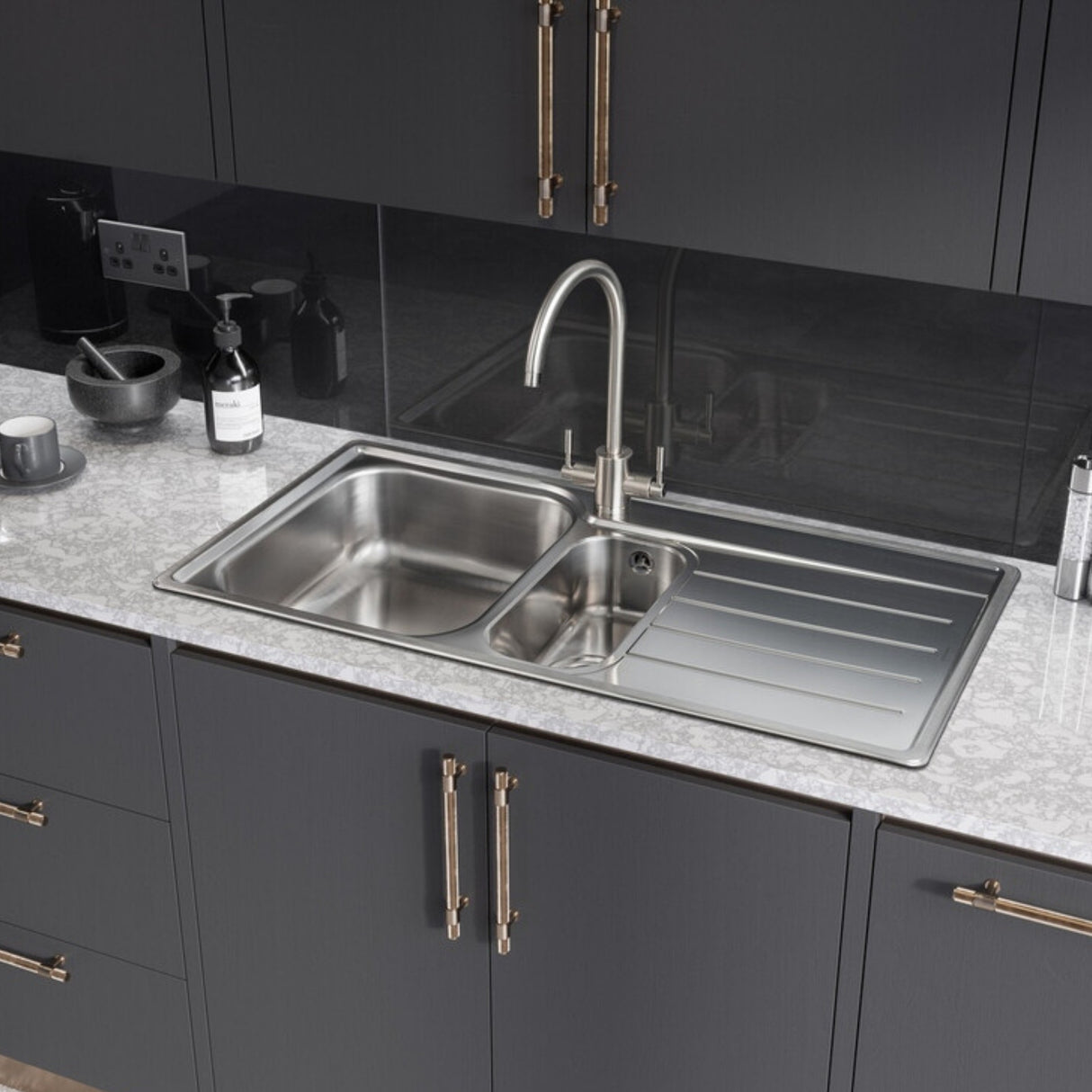 Rangemaster Rockford Inset Mount One and Half Bowl Kitchen Sink For 600mm Cabinet in Stainless Steel Right Life Style