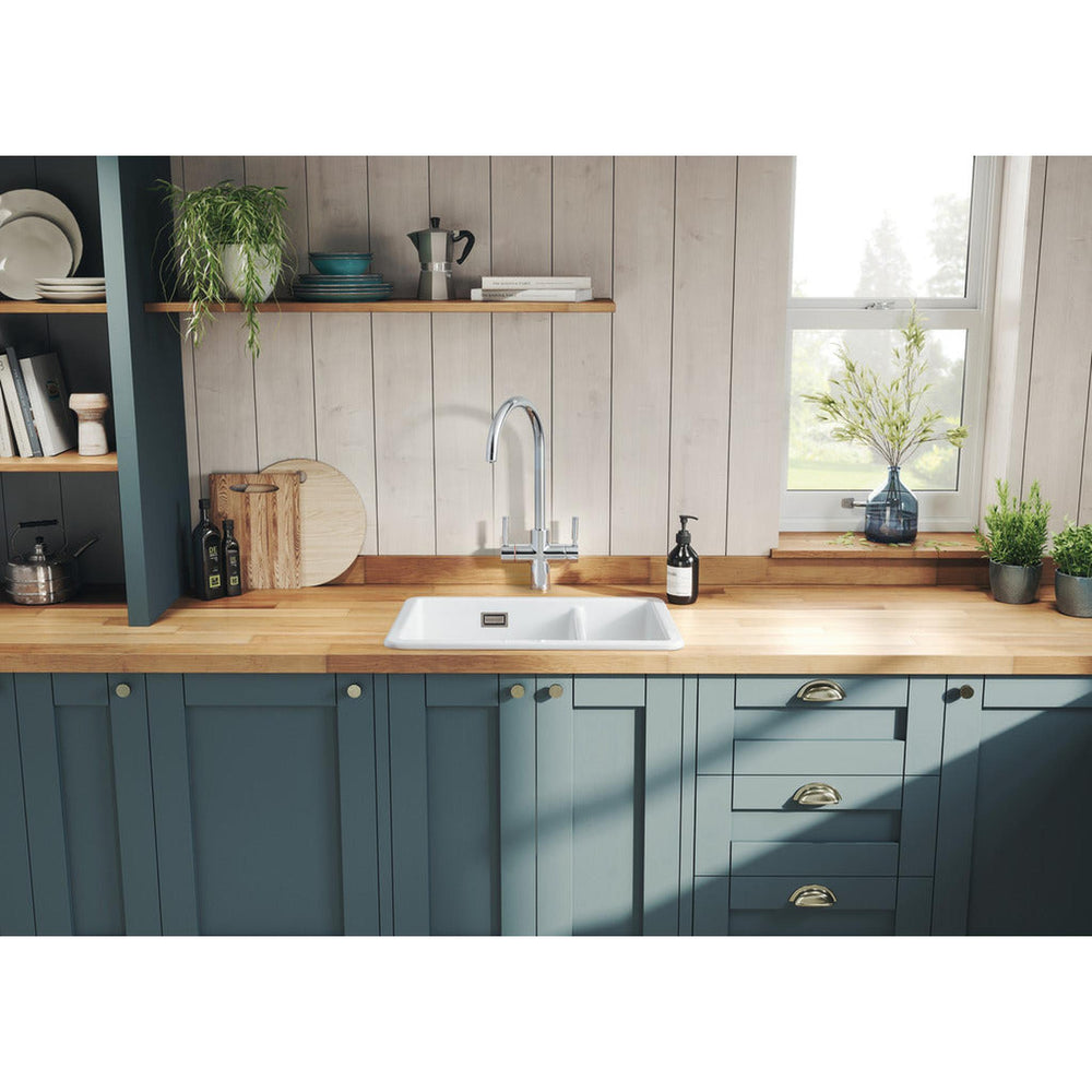 Rangemaster Rustique  Undermount Inset Mount One And Half Bowl Sink For 600mm Cabinet in Ceramic White 56561785 Lifestyle