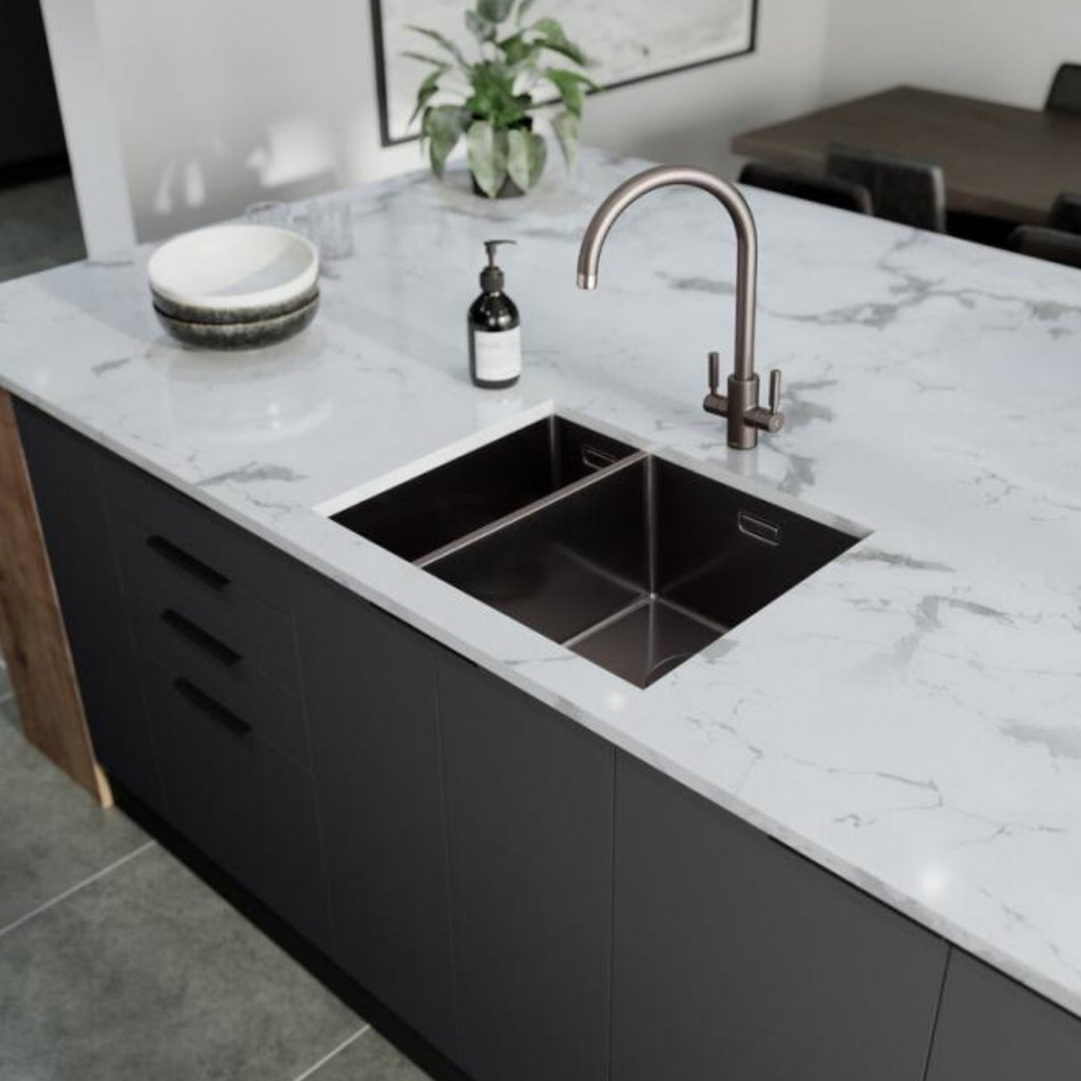 Rangemaster Spectra Undermount Inset Mount One and Half Bowl Kitchen Sink For 600mm Cabinet in Stainless Steel Lifestyle