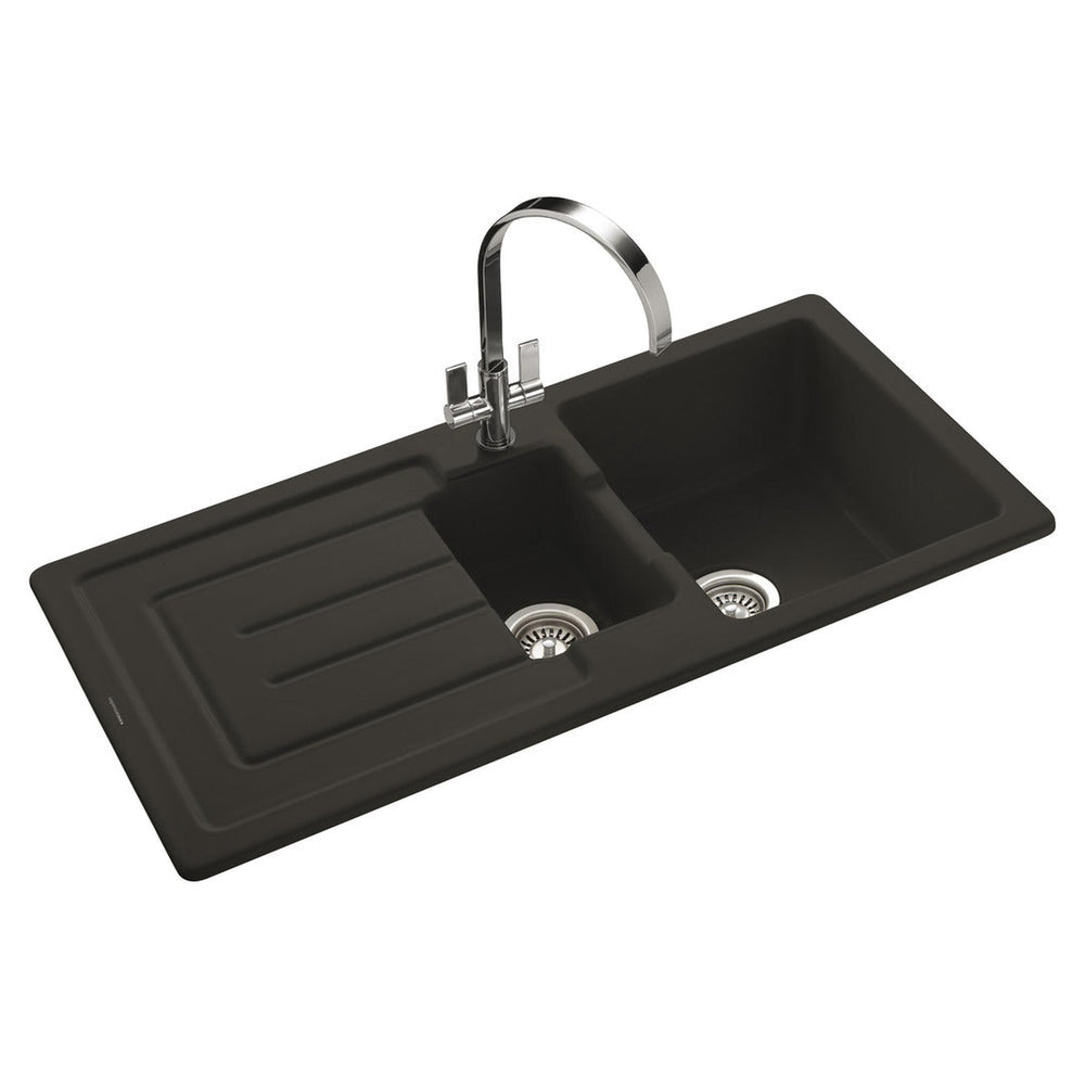Rangemaster St. Austell Matt Black One and Half Bowl Kitchen Sink For 600mm Cabinet in Granite 57902381 1