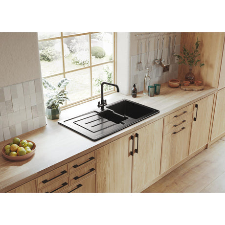 Rangemaster St. Austell Matt Black One and Half Bowl Kitchen Sink For 600mm Cabinet in Granite 57902381 Lifestyle