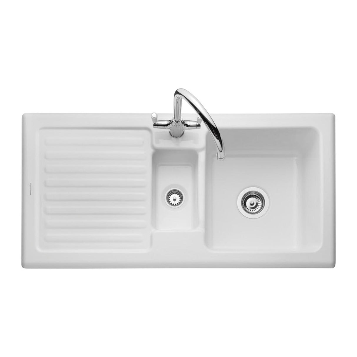 Rangemaster Surface Mount Onle And Half Bowl with Drainer Sink For 600mm Cabinet in Ceramic White 56563761