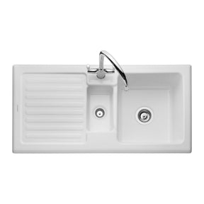 Rangemaster Surface Mount Onle And Half Bowl with Drainer Sink For 600mm Cabinet in Ceramic White 56563761