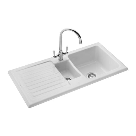 Rangemaster Surface Mount Onle And Half Bowl with Drainer Sink For 600mm Cabinet in Ceramic White 56563761 1