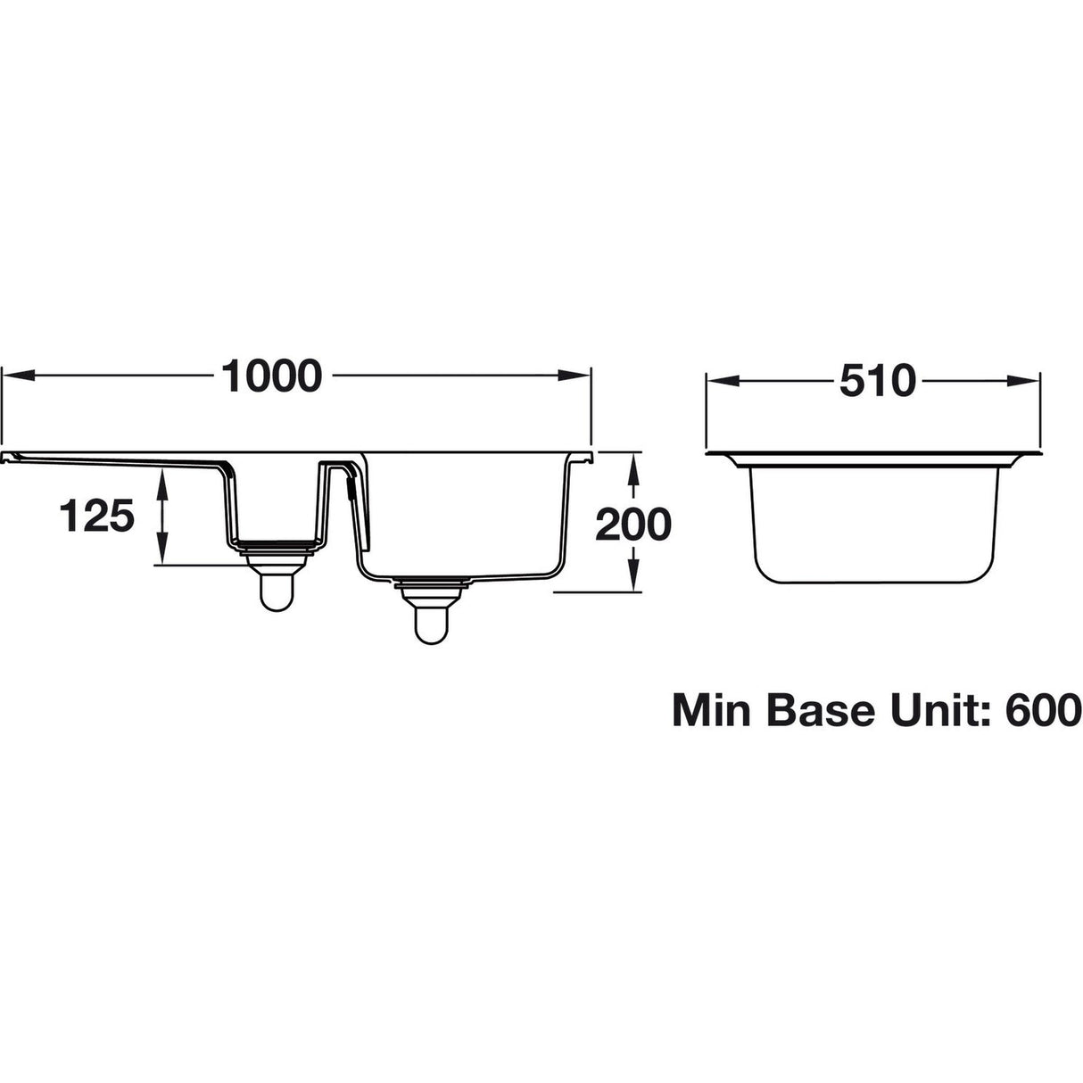 Rangemaster Surface Mount Onle And Half Bowl with Drainer Sink For 600mm Cabinet in Ceramic White 56563761 Dimension