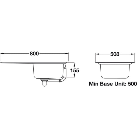 Rangemaster Tenby Surface mount Single Bowl With DrainerCompact Kitchen Sink For 500mm Cabinet in Stainless Steel  Soft Brushed 56560301 Dimension
