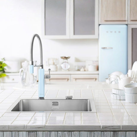 Smeg Semi-Professional Kitchen Mixer Tap with Pull Out Spray & Iconic Retro Design in Pale Blue Life Style