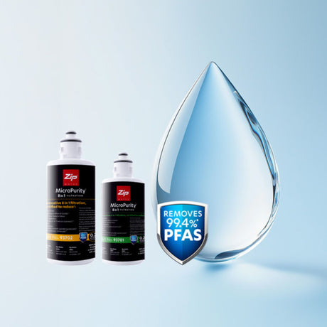 Zip Water HydroTap 0.2 Micron Filter water graphic displaying the removal of 99.4% PFAS