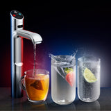 The ZIP HydroTap G5 kitchen tap in chrome displaying its instant filtered boiling, chilled and sparkling water options