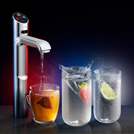The ZIP HydroTap G5 kitchen tap in chrome displaying its instant filtered boiling, chilled and sparkling water options