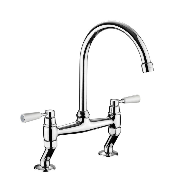 Rangemaster Traditional Belfast Bridge Kitchen Tap with White Tipped Lever Handles