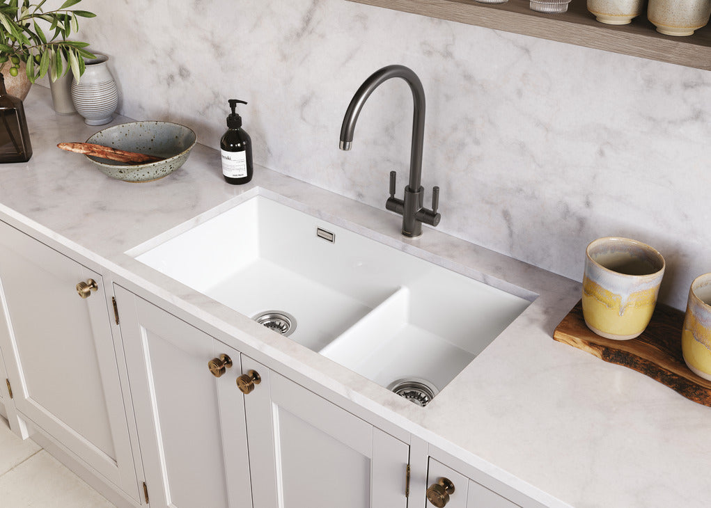 Rangemaster Rustique 1.5 Bowl White Ceramic Undermount Kitchen Sink x