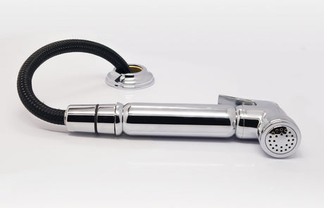 Charlbury kitchen handspray in chrome with its braided pull-out hose and base plate