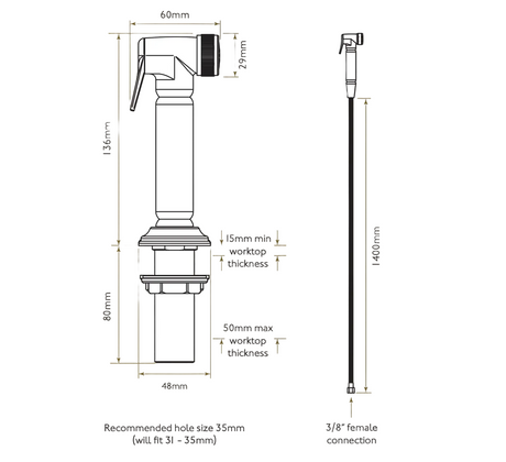 Charlbury kitchen handspray dimensions: 136mm high, 48mm base, 1400mm hose, 35mm hole size