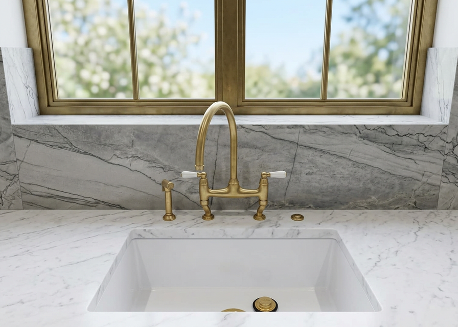 Bidbury & Co Kitchen sink with gold faucet against a gray marble wall with a window in the background