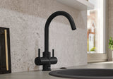 BLANCO Camia Dual Lever C-Shaped Kitchen Mixer Tap in Black Matt in a Modern Kitchen