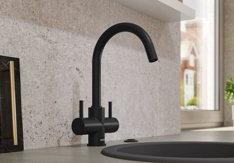 BLANCO Camia Dual Lever C-Shaped Kitchen Mixer Tap in Black Matt in a Modern Kitchen