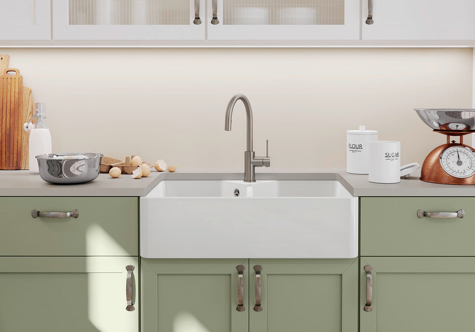 BLANCO Candor S Single Lever Kitchen Mixer Tap with Pull Out Spray in a Country Kitchen with Belfast Sink