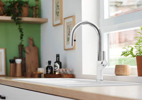 BLANCO Carena-S Vario Single Lever Kitchen Mixer Tap with Pull Out Spray in a Bright Kitchen Setting