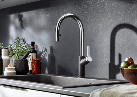 BLANCO Carena-S Vario Single Lever Kitchen Mixer Tap with Pull Out Spray in a Dark Modern Kitchen