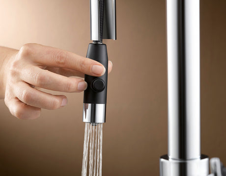 BLANCO Carena-S Vario Single Lever Kitchen Mixer Tap with Pull Out Spray Spray Jet in Use