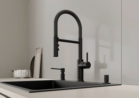 BLANCO Catris-S Flexo Filter Single Lever Kitchen Mixer Tap with Handspray in Black Matt over a Black Sink