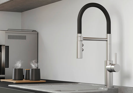 BLANCO Catris-S Flexo Single Lever Kitchen Mixer Tap with Pull Out Spray in Satin Dark Steel in a Kitchen Setting