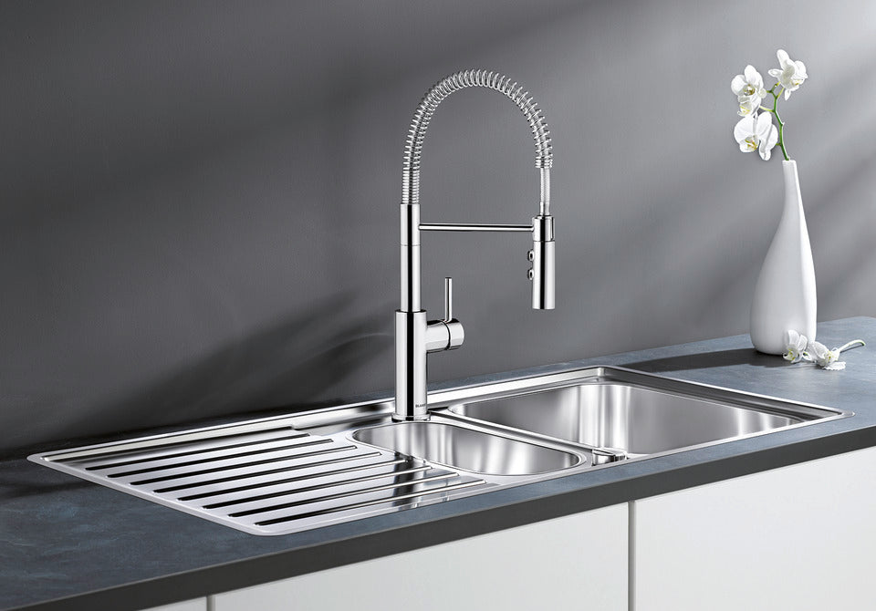 BLANCO Catris-S Single Lever Kitchen Mixer Tap with Pull Out Spray over a Stainless Steel Inset Sink