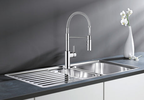 BLANCO Catris-S Single Lever Kitchen Mixer Tap with Pull Out Spray over a Stainless Steel Inset Sink