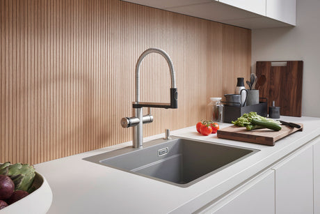 BLANCO Choice Icona Filter Kitchen Tap with Boiling & Sparkling Water in PVD Steel in a Wood-Panelled Kitchen