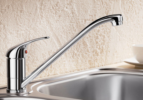 BLANCO Daras Eco Single Lever Kitchen Mixer Tap in Chrome over a Stainless Steel Sink