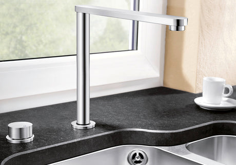 BLANCO Eloscope-F II Single Lever Kitchen Mixer Tap Extended in Front of a Window