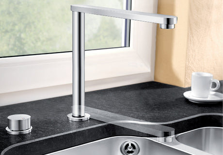 BLANCO Eloscope-F II Single Lever Kitchen Mixer Tap Retracted in Front of a Window