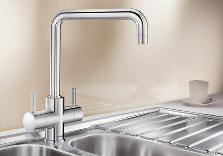 BLANCO Jamia Dual Lever Kitchen Mixer Tap on a Stainless Steel Sink Drainer