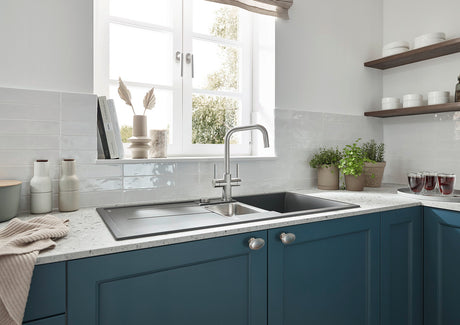 BLANCO Jandora Twin Dual Lever Kitchen Mixer Tap in a Bright Kitchen with Blue Cabinets