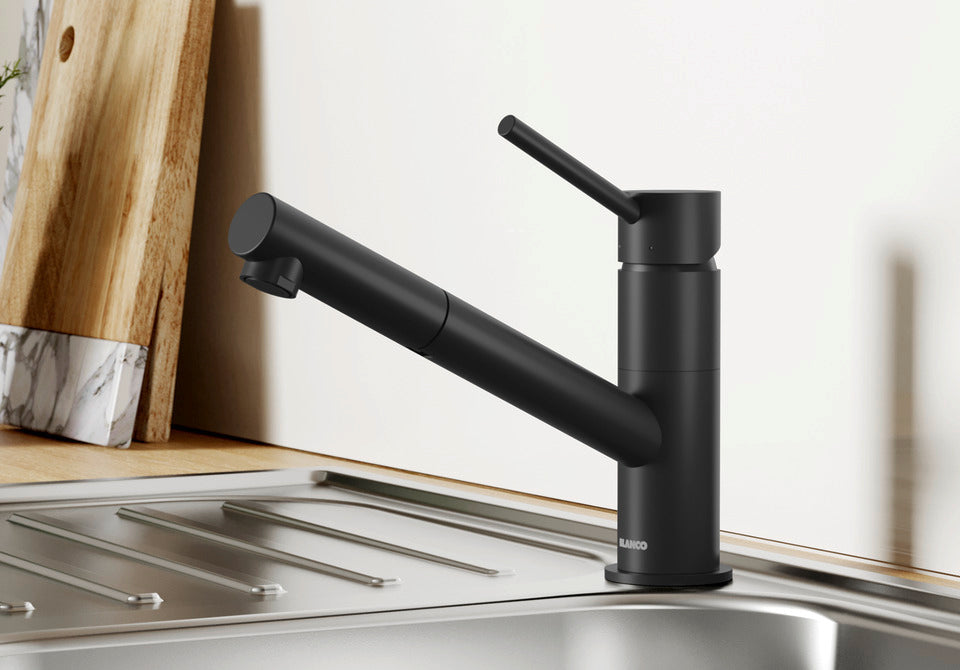 BLANCO Kano-S Single Lever Kitchen Mixer Tap with Pull-Out Spray in Black Matt on a Stainless Steel Sink Drainer