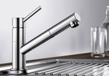 BLANCO Kano-S Single Lever Kitchen Mixer Tap with Pull-Out Spray in Chrome on a Stainless Steel Sink Drainer