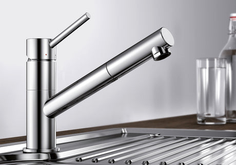 BLANCO Kano-S Single Lever Kitchen Mixer Tap with Pull-Out Spray in Chrome on a Stainless Steel Sink Drainer