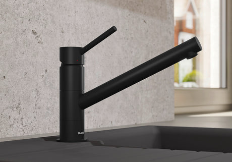 BLANCO Kano Single Lever Kitchen Mixer Tap in Black Matt on a Dark Worktop