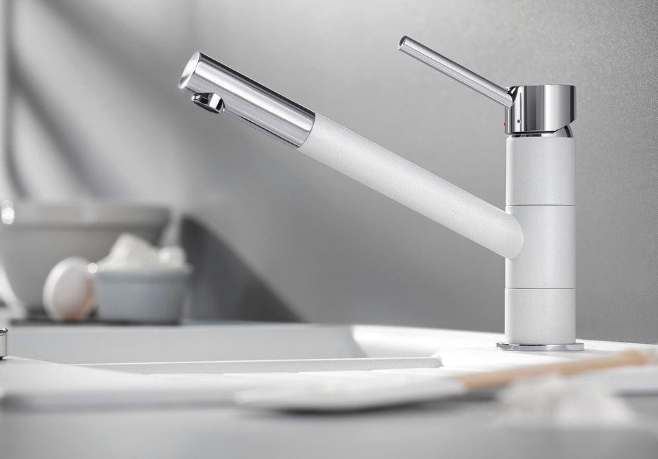 BLANCO Kano Single Lever Kitchen Mixer Tap in White and Chrome on a Kitchen Worktop