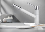 BLANCO Kano Single Lever Kitchen Mixer Tap in White and Chrome on a Kitchen Worktop