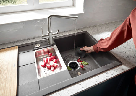 BLANCO Lanora Twin Lever Kitchen Mixer Tap Rinsing Radishes at the Sink