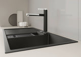 BLANCO Linee-S Single Lever Pull Out Kitchen Mixer Tap in Black over a Black Composite Sink