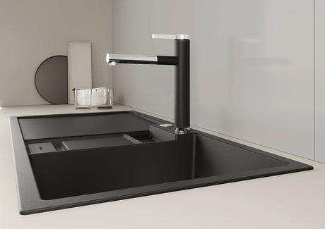 BLANCO Linee-S Single Lever Pull Out Kitchen Mixer Tap in Black over a Black Composite Sink