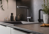BLANCO Linus-S Single Lever Kitchen Mixer Tap with Pull-Out Spray in a Grey Kitchen Setting