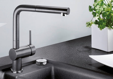 BLANCO Linus-S Single Lever Kitchen Mixer Tap with Pull-Out Spray in Anthracite over a Composite Sink