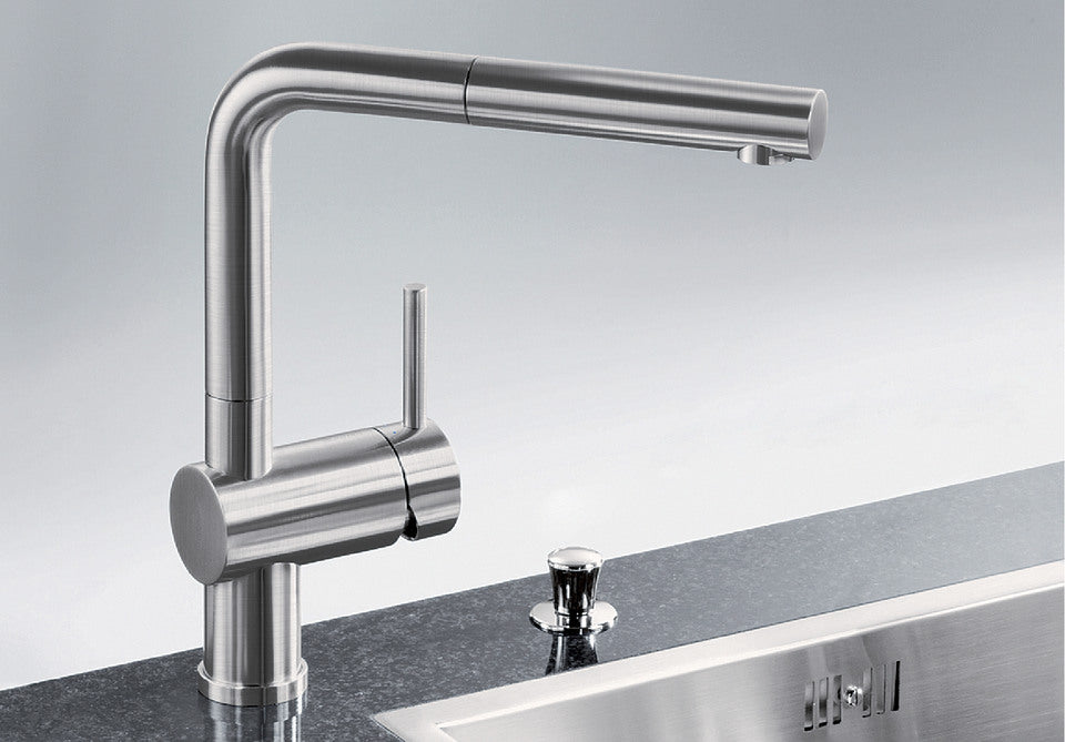 BLANCO Linus-S Single Lever Kitchen Mixer Tap with Pull-Out Spray in Chrome over a Stainless Steel Sink